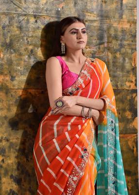 Multicolor Pure Georgette Handwork Bridal Saree 3