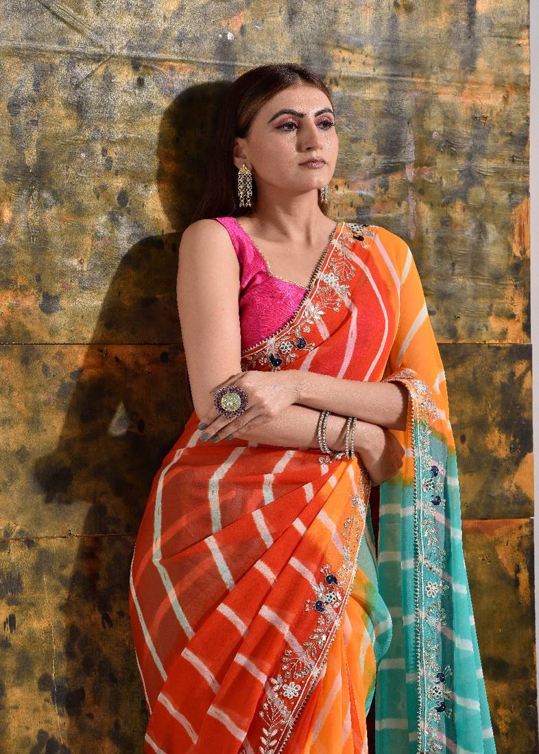 Multicolor Pure Georgette Handwork Bridal Saree