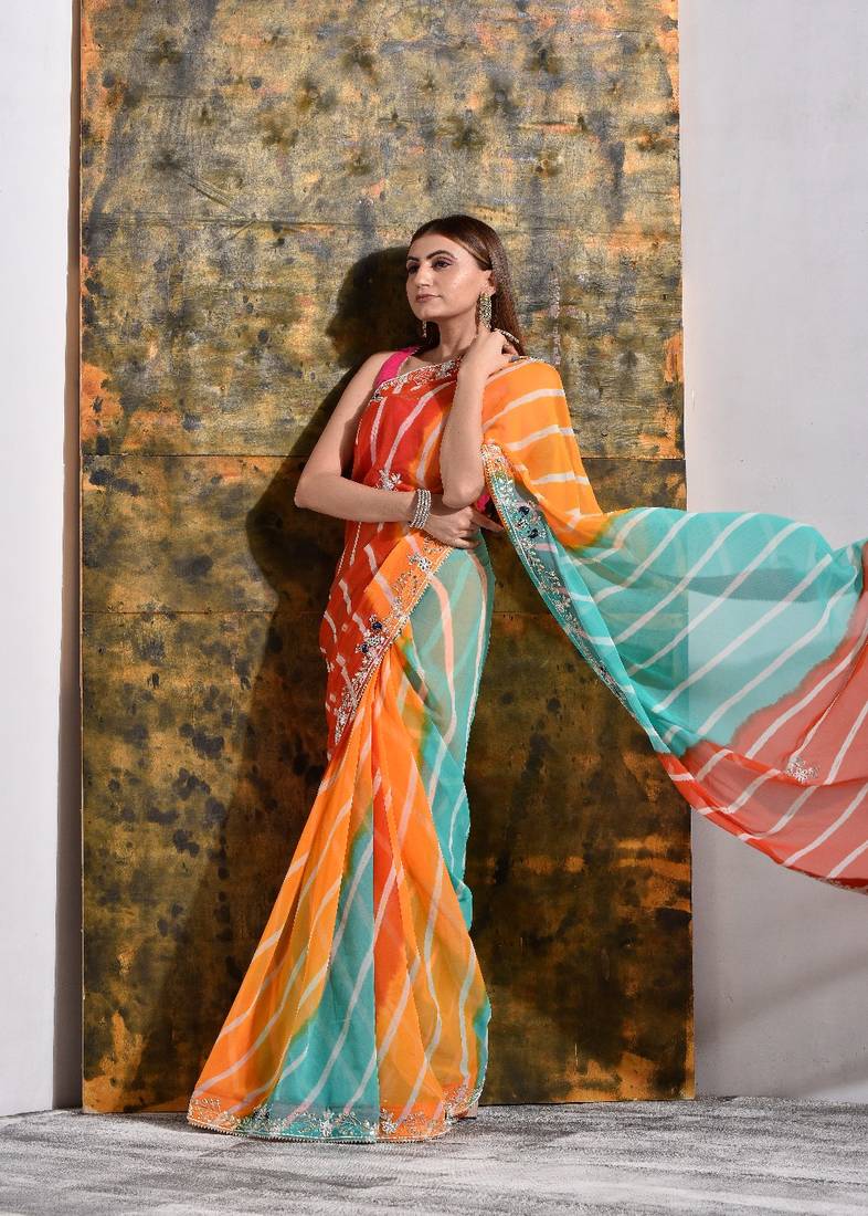 Multicolor Pure Georgette Handwork Bridal Saree