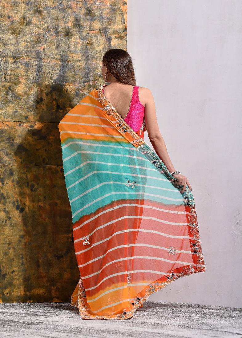 Multicolor Pure Georgette Handwork Bridal Saree