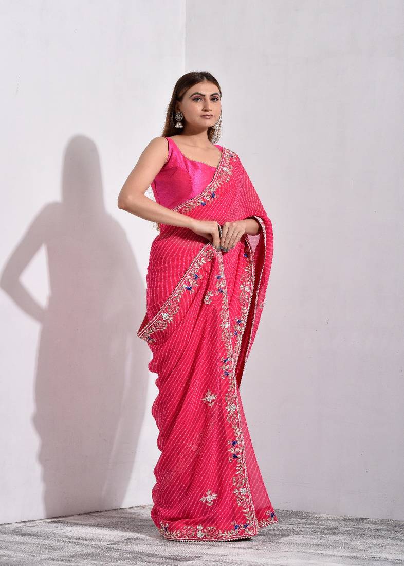 Pink Mothda Pure Georgette Handwork Saree