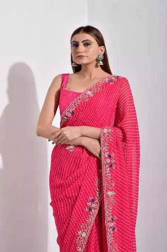 Pink Mothda Pure Georgette Handwork Saree