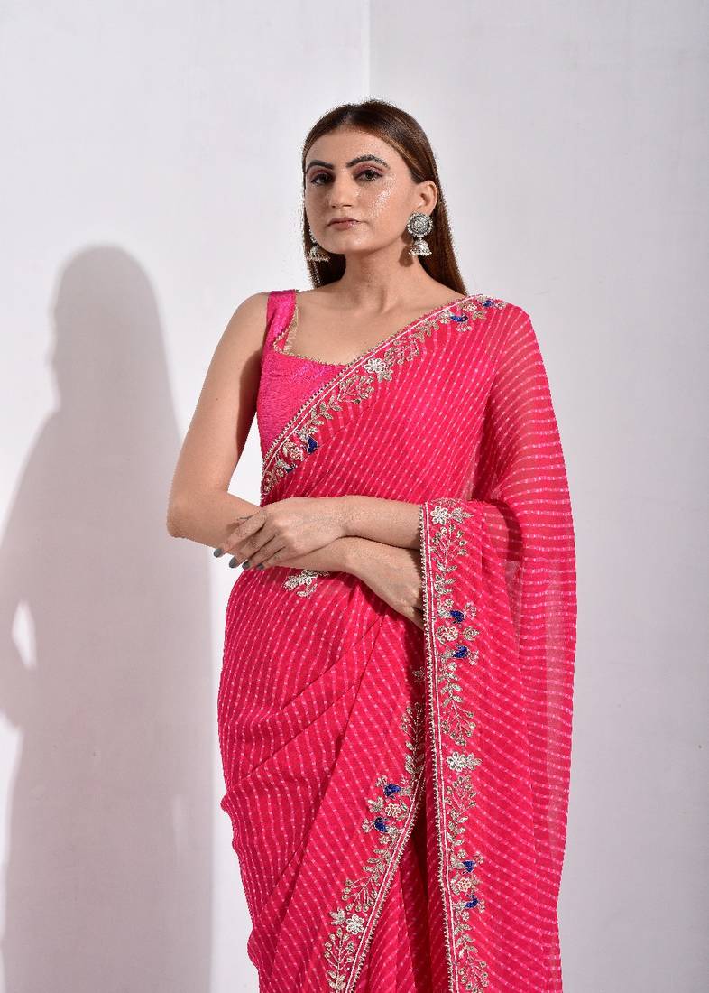 Pink Mothda Pure Georgette Handwork Saree