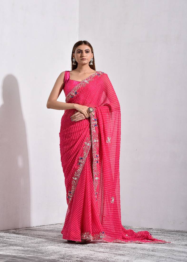 Pink Mothda Pure Georgette Handwork Saree