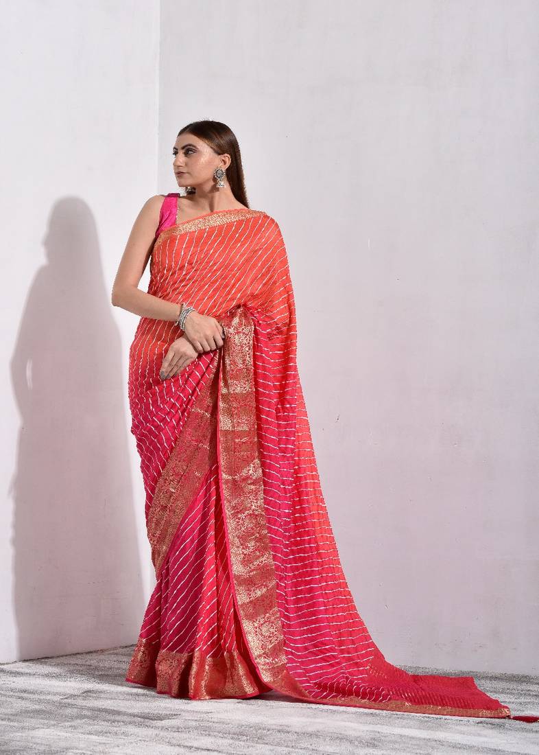 Shaded Pink Silk Leheriya Saree with Zari