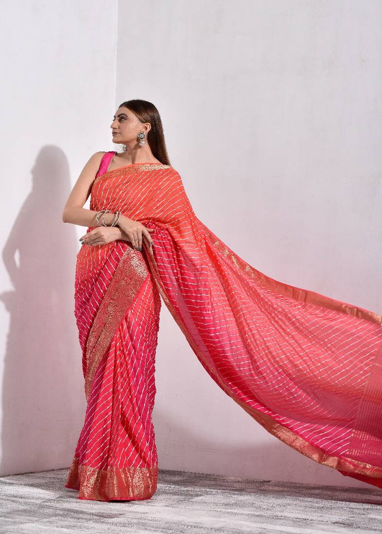 Shaded Pink Silk Leheriya Saree with Zari