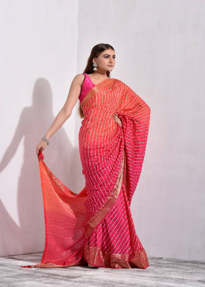 Shaded Pink Silk Leheriya Saree with Zari