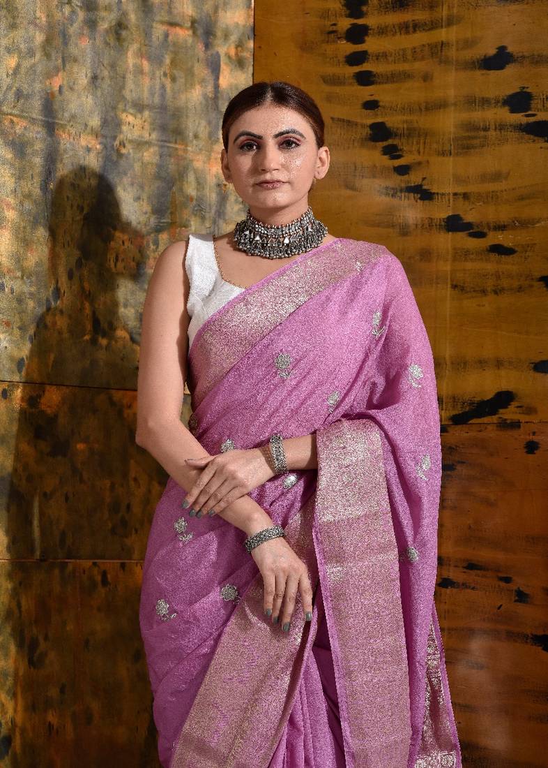 Lavender Silk Saree with Hand Embroidery