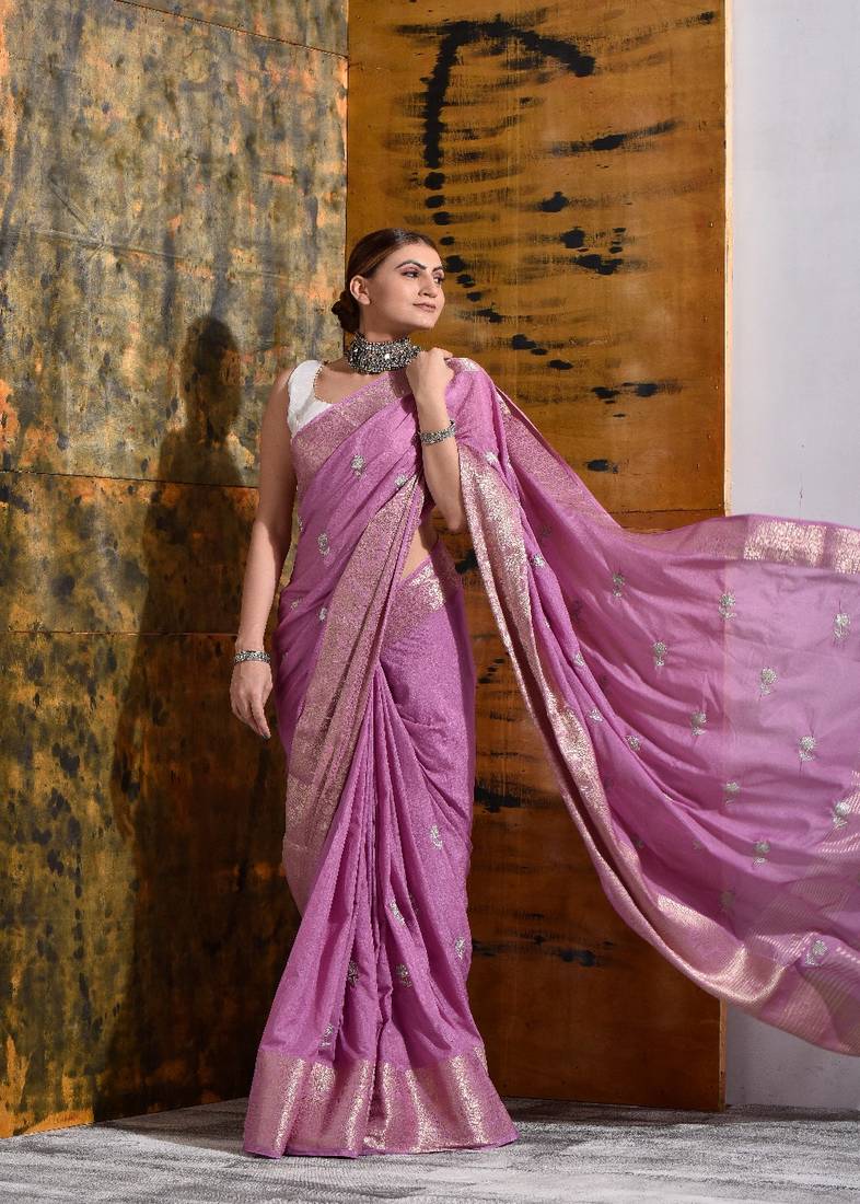 Lavender Silk Saree with Hand Embroidery