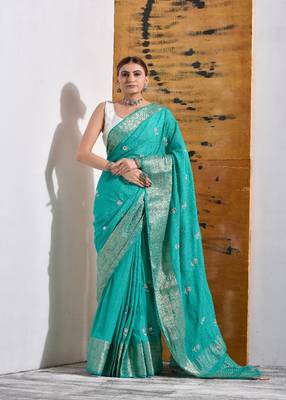 Teal Silk Saree with Hand Embroidery 1