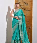 Teal Silk Saree with Hand Embroidery