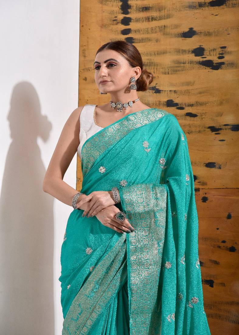 Teal Silk Saree with Hand Embroidery