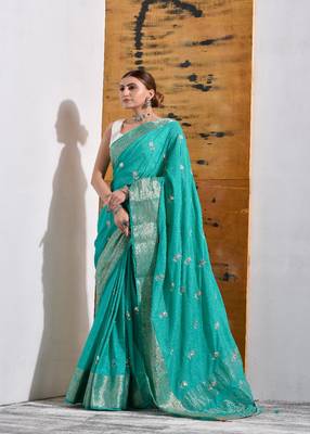 Teal Silk Saree with Hand Embroidery 3