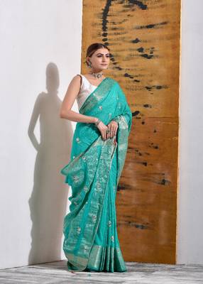 Teal Silk Saree with Hand Embroidery 4