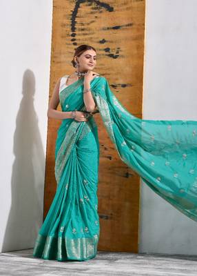 Teal Silk Saree with Hand Embroidery 5