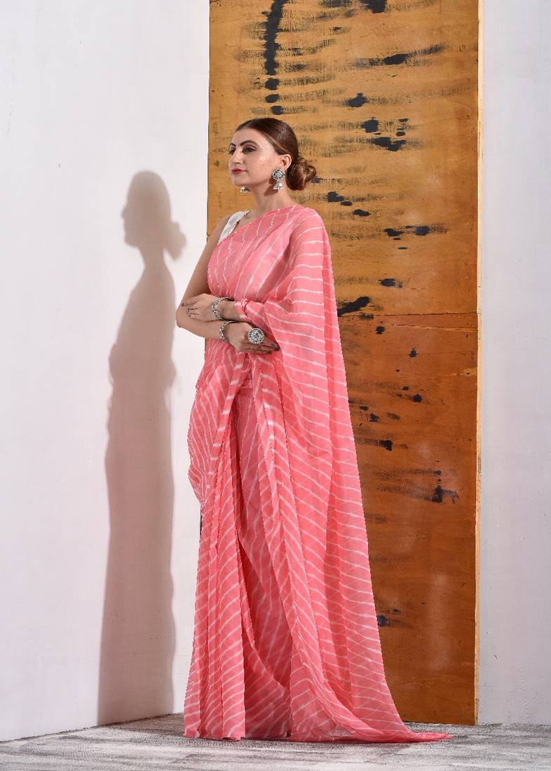 Pastel Peach Chiffon Leheriya Saree