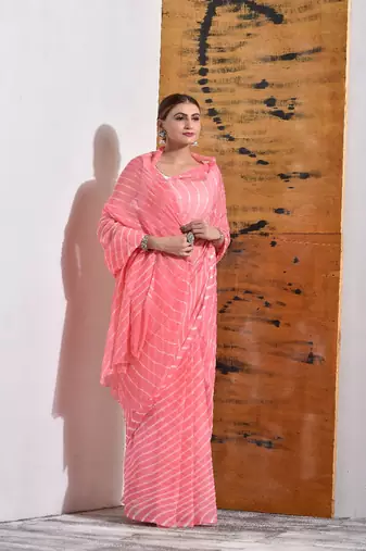 Pastel Peach Chiffon Leheriya Saree