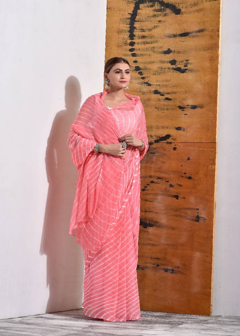Pastel Peach Chiffon Leheriya Saree