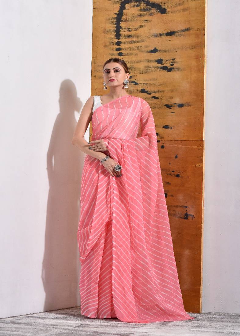 Pastel Peach Chiffon Leheriya Saree