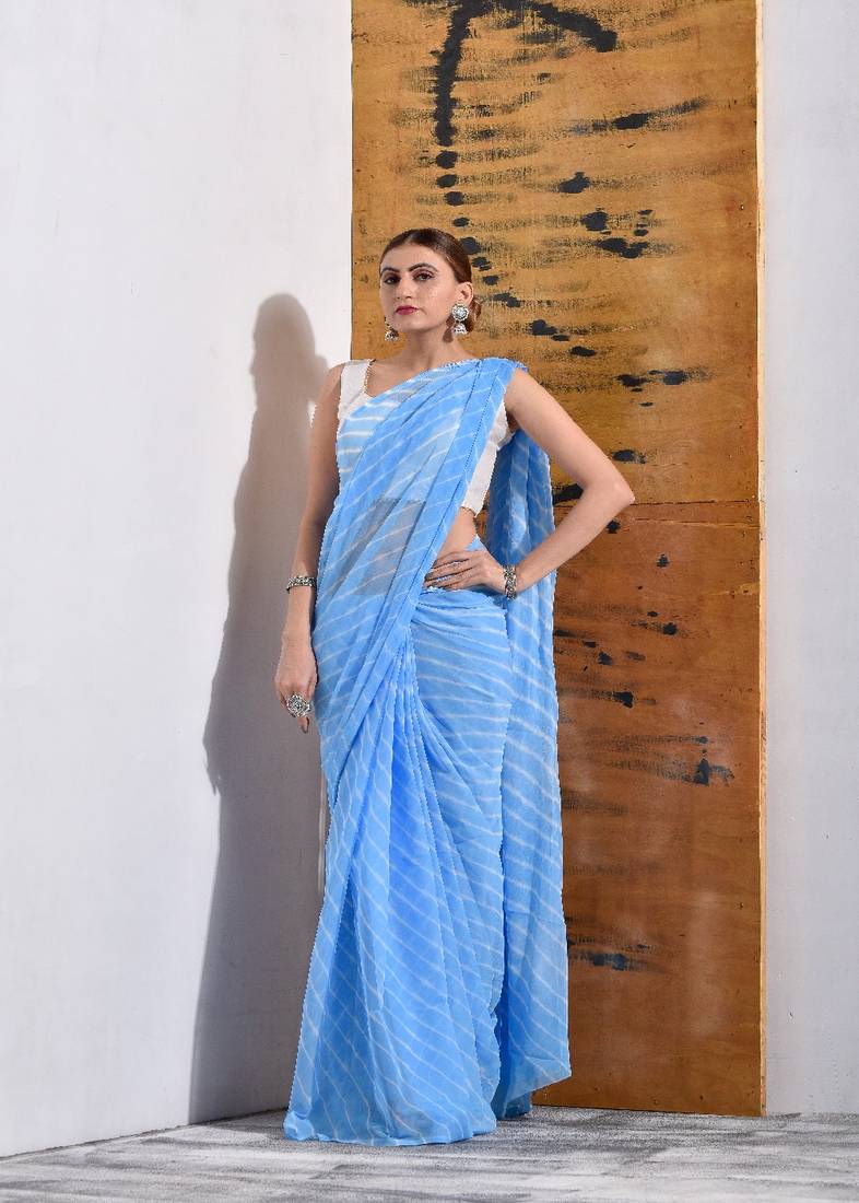 Powder Blue Chiffon Leheriya Saree