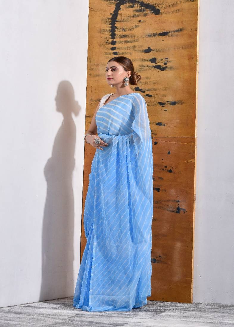 Powder Blue Chiffon Leheriya Saree