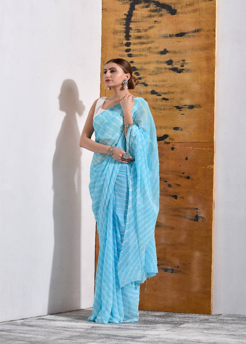 Sky Blue Chiffon Leheriya Saree