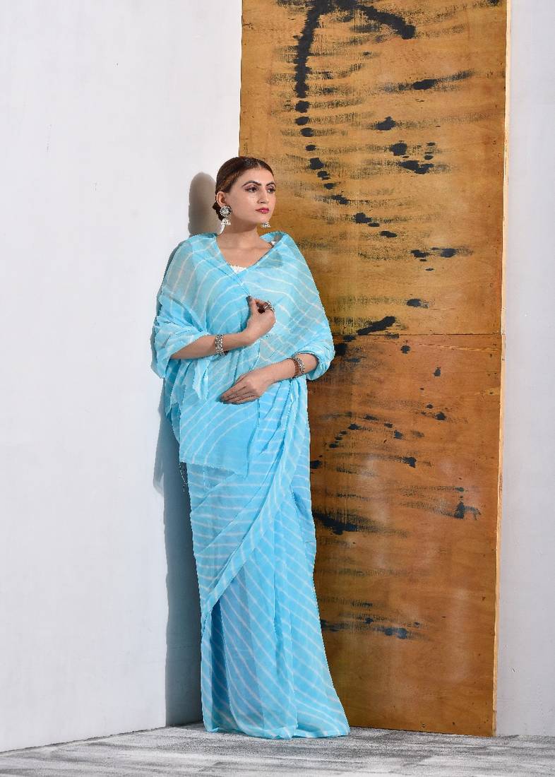 Sky Blue Chiffon Leheriya Saree