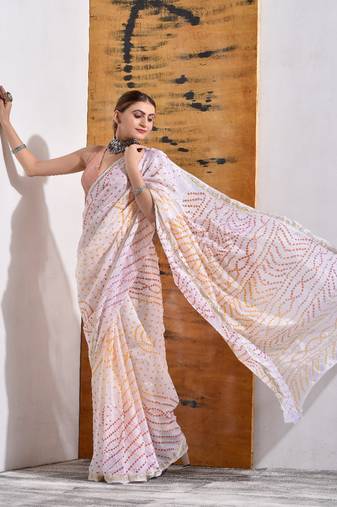 Off White Bandhani Silk Saree