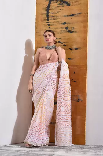 Off White Bandhani Silk Saree