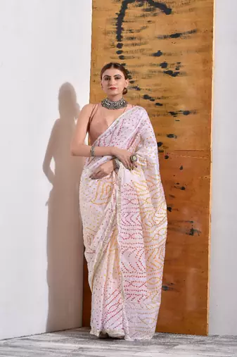 Off White Bandhani Silk Saree