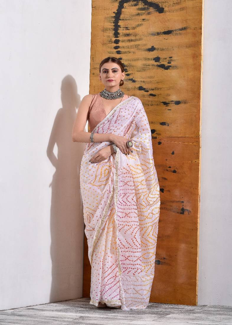 Off White Bandhani Silk Saree