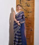 Blue Block Printed Pure Cotton Saree