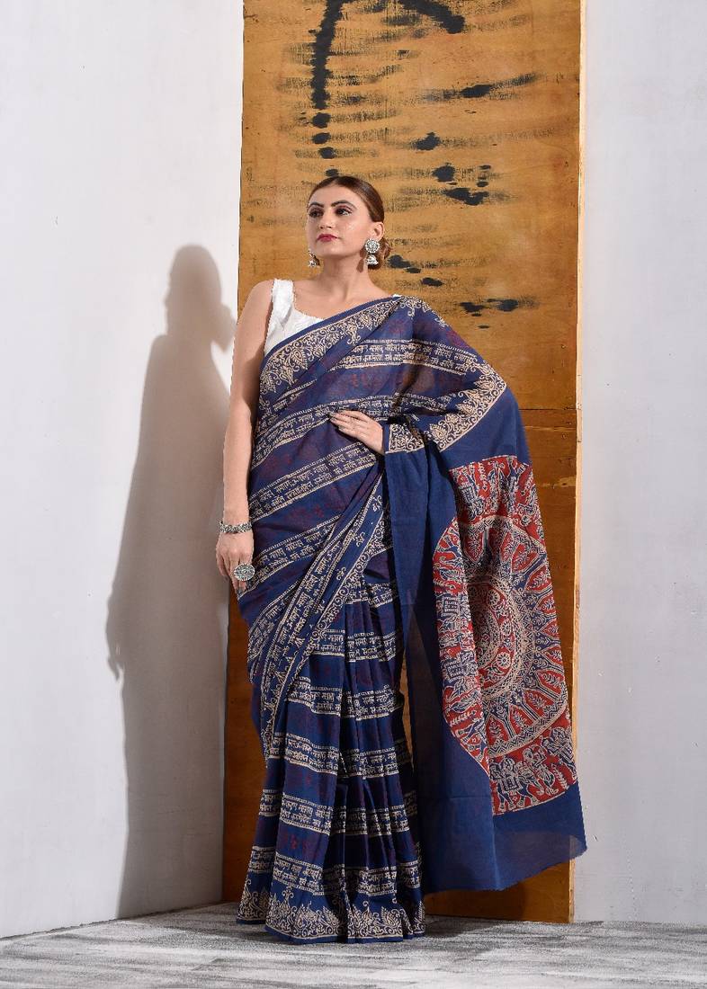 Blue Block Printed Pure Cotton Saree