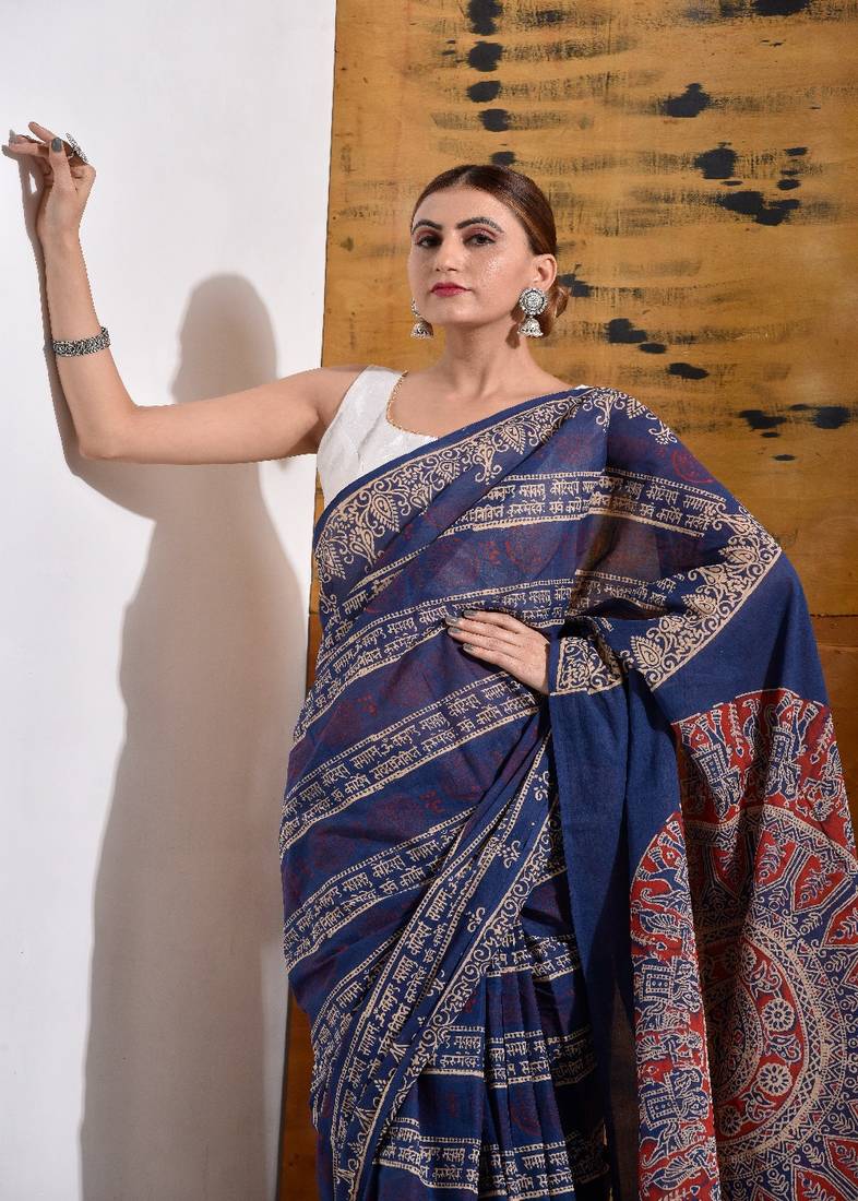 Blue Block Printed Pure Cotton Saree