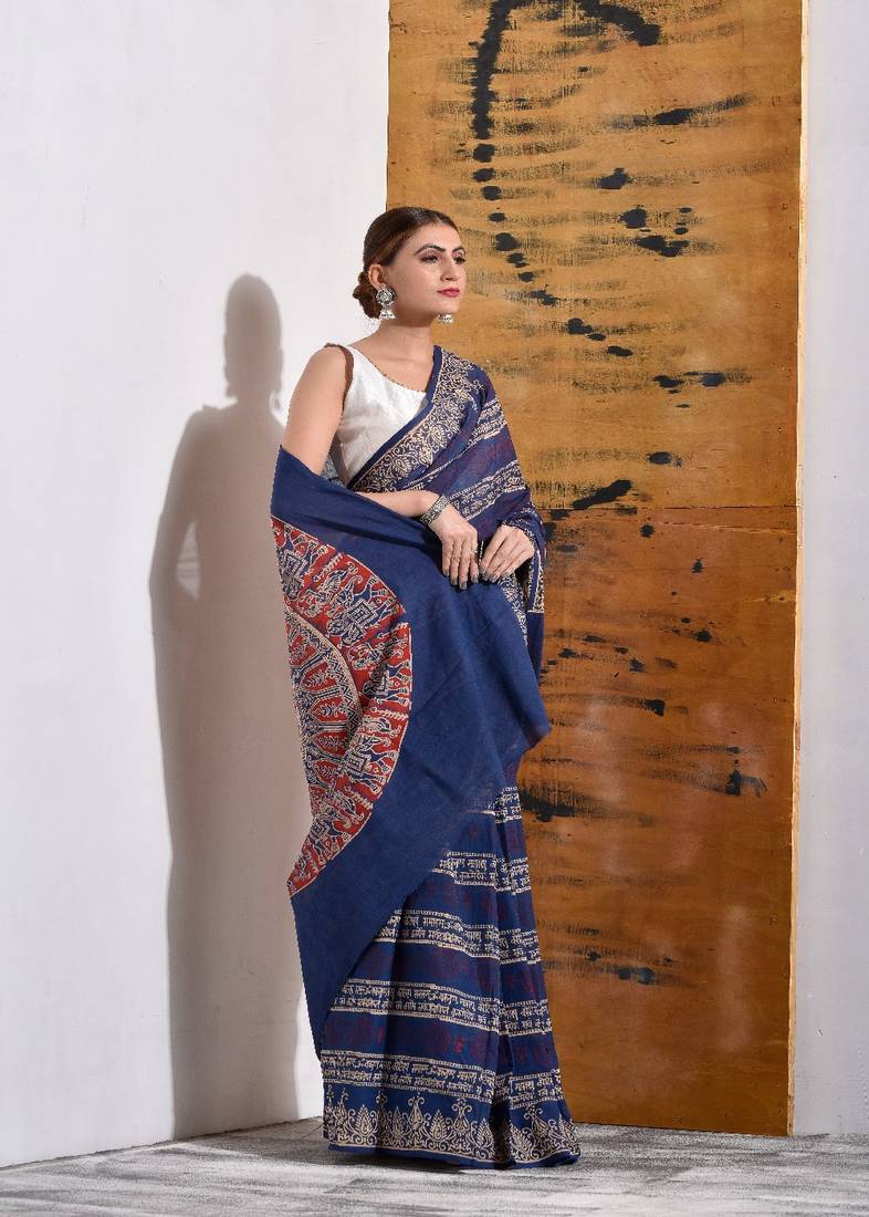 Blue Block Printed Pure Cotton Saree