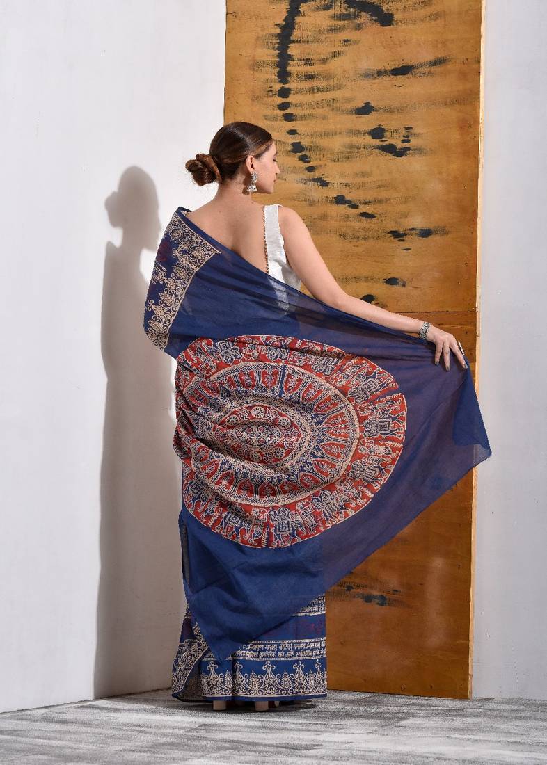 Blue Block Printed Pure Cotton Saree
