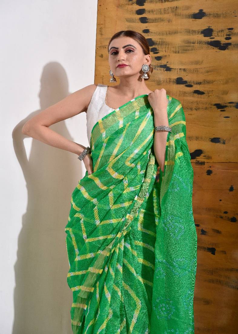Festive Green Leheriya Saree in Kota Doria