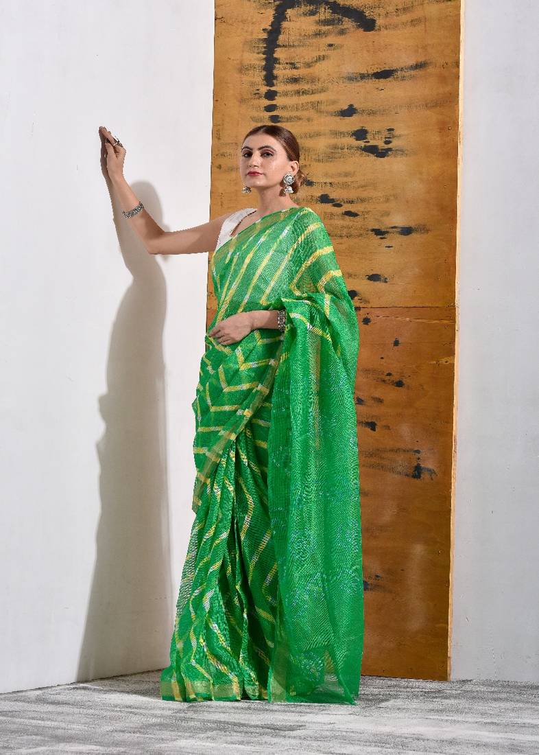 Festive Green Leheriya Saree in Kota Doria