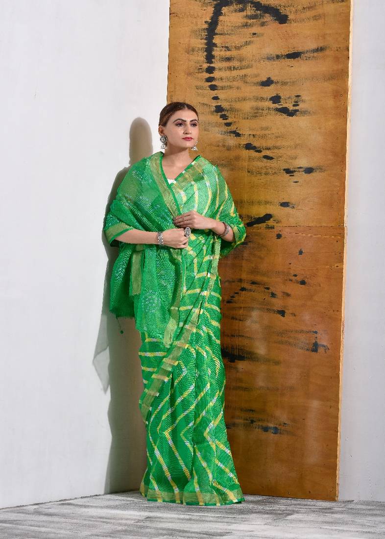 Festive Green Leheriya Saree in Kota Doria