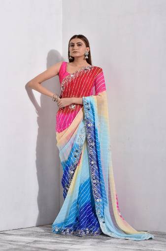 Multicolor Pure Georgette Handcrafted Saree