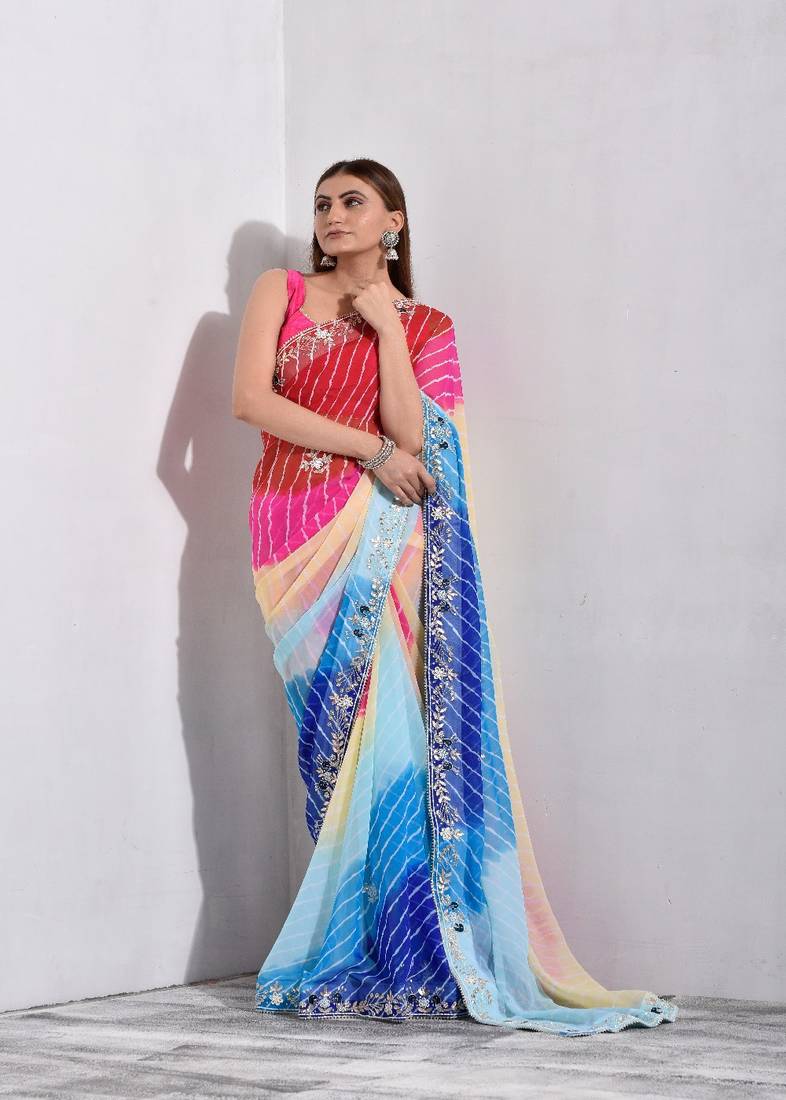 Multicolor Pure Georgette Handcrafted Saree