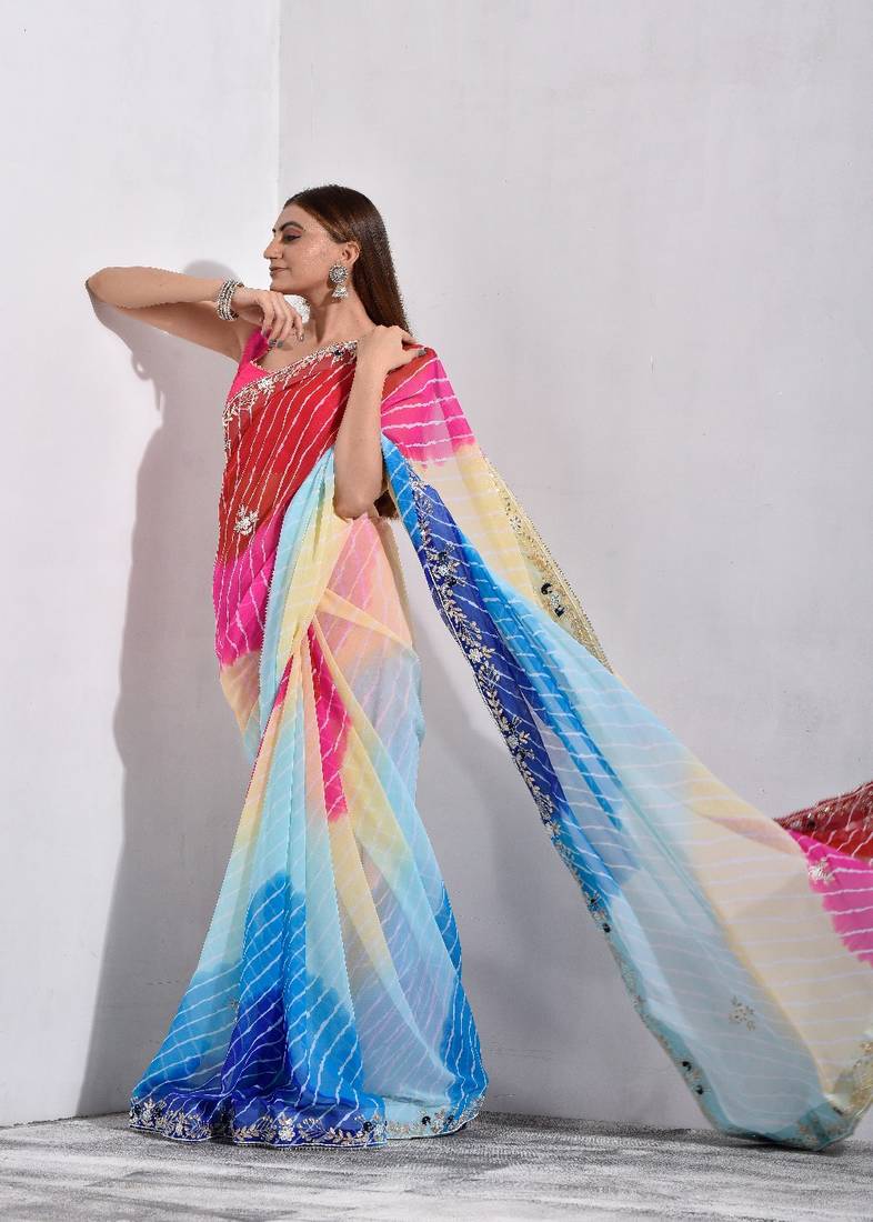Multicolor Pure Georgette Handcrafted Saree