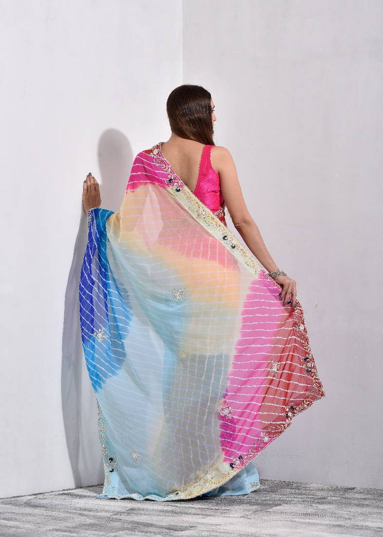 Multicolor Pure Georgette Handcrafted Saree