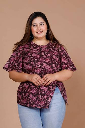Women' Plus Size Maroon Floral Printed Cotton Top