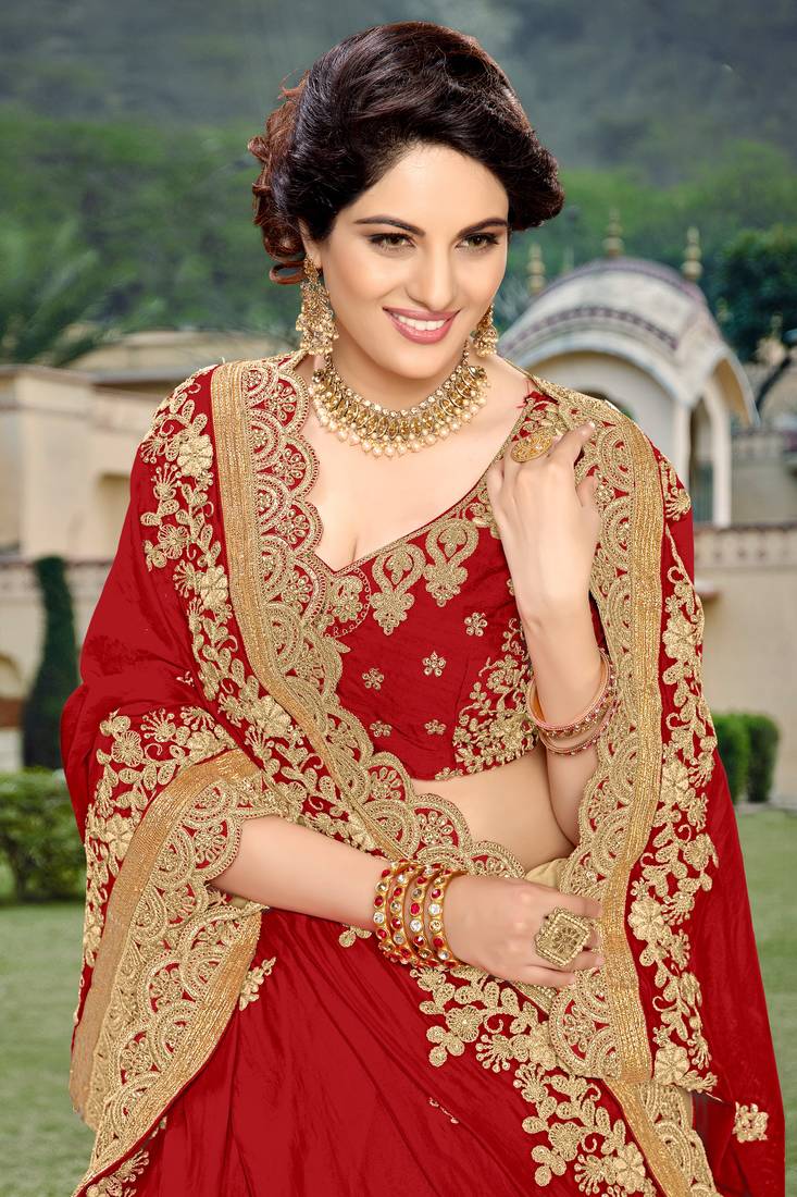 Red Silk Heavy Embroidery Work Bollywood Saree With Blouse