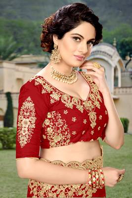 Trendmalls Red Silk Heavy Embroidery Work Bollywood Saree With Blouse 8