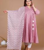 Women's Plus Size Pink Floral Printed Cotton Anarkali Kurta With Dupatta