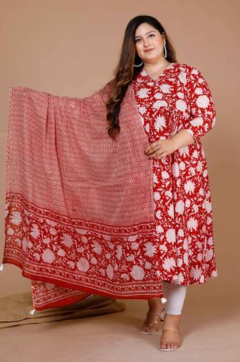 Womens Plus Size Floral Printed Cotton Anarkali Kurta With Dupatta