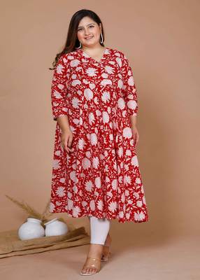Womens Plus Size Cotton Floral Printed Anarkali Kurta 1