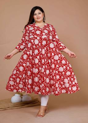 Womens Plus Size Cotton Floral Printed Anarkali Kurta 2